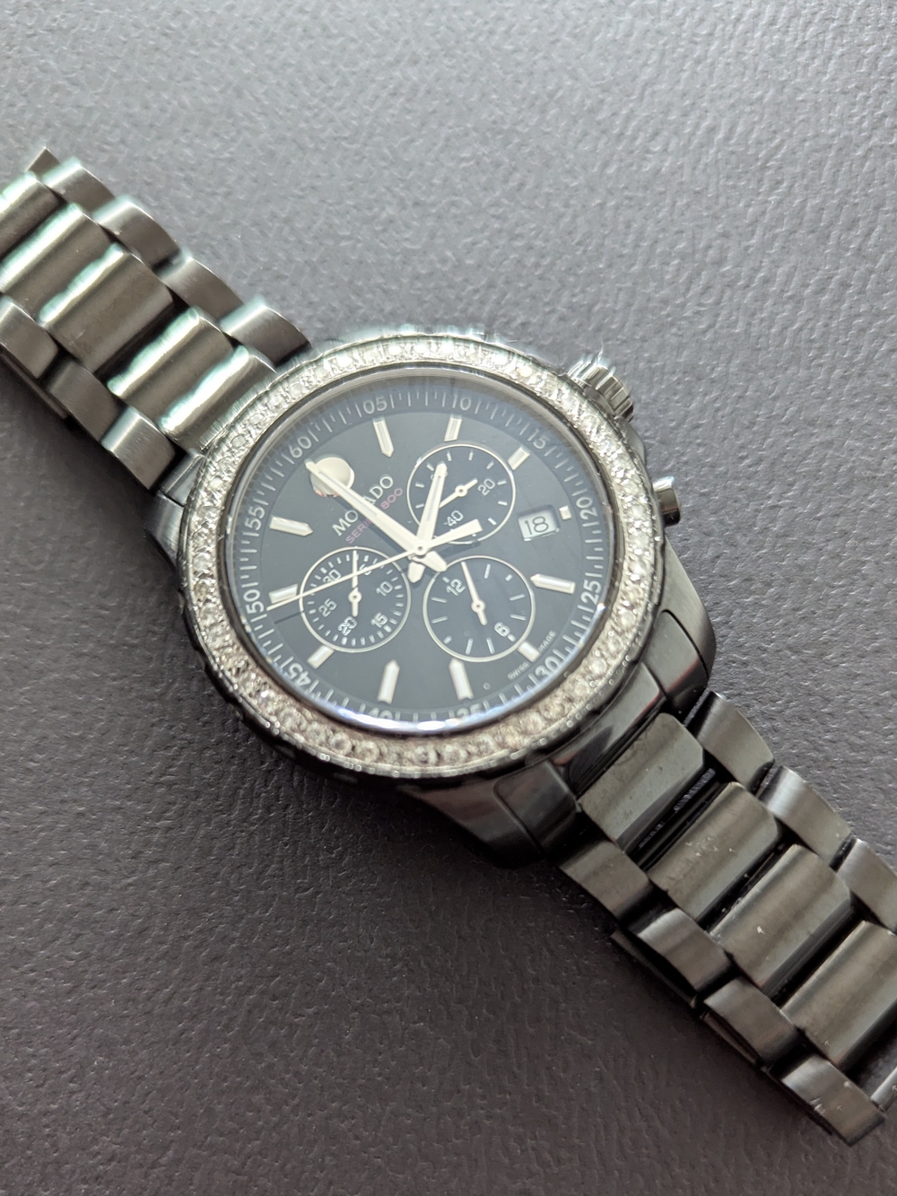 Movado Stainless Steel Black Dial Chronograph Watch with DIAMOND BEZEL $2995